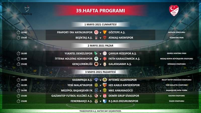 39.Hafta 03.05.2021 Saat16:00 Pazartesi: Yeni Malatyaspor-Kayserispor