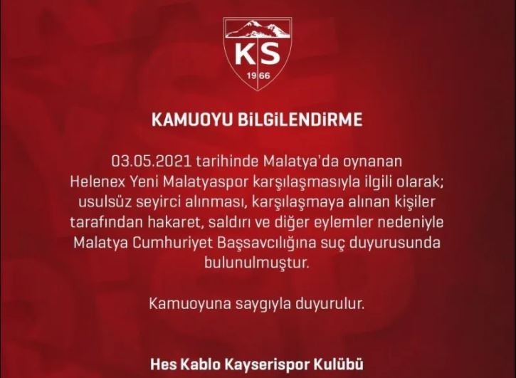 Kayserispor, Yeni Malatyaspor Maç Sonrası Suç Duyurusu